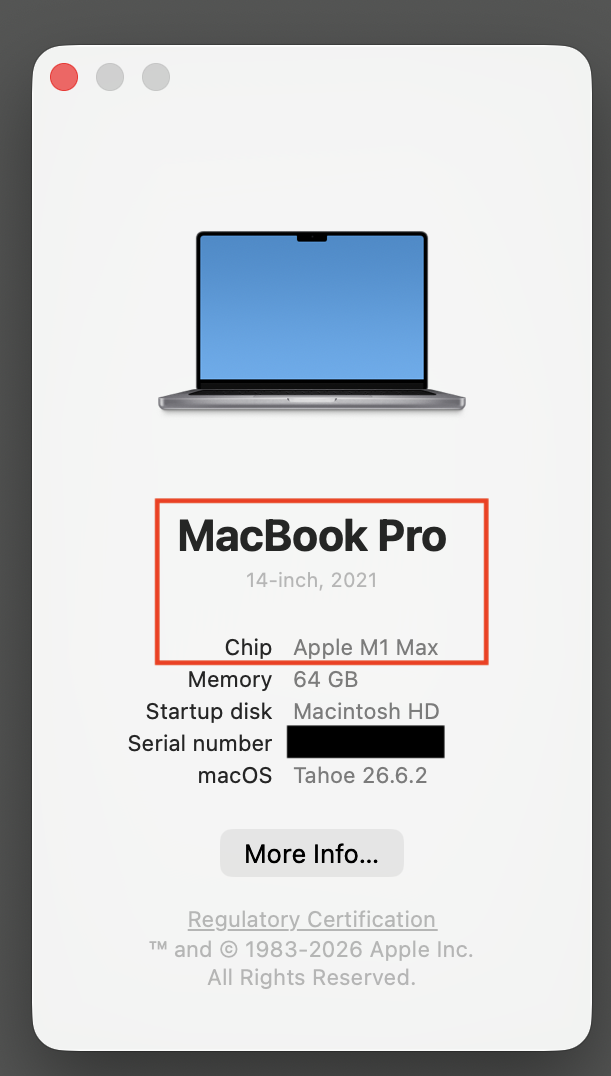 Example showing where to find the Mac model, year, and chip
